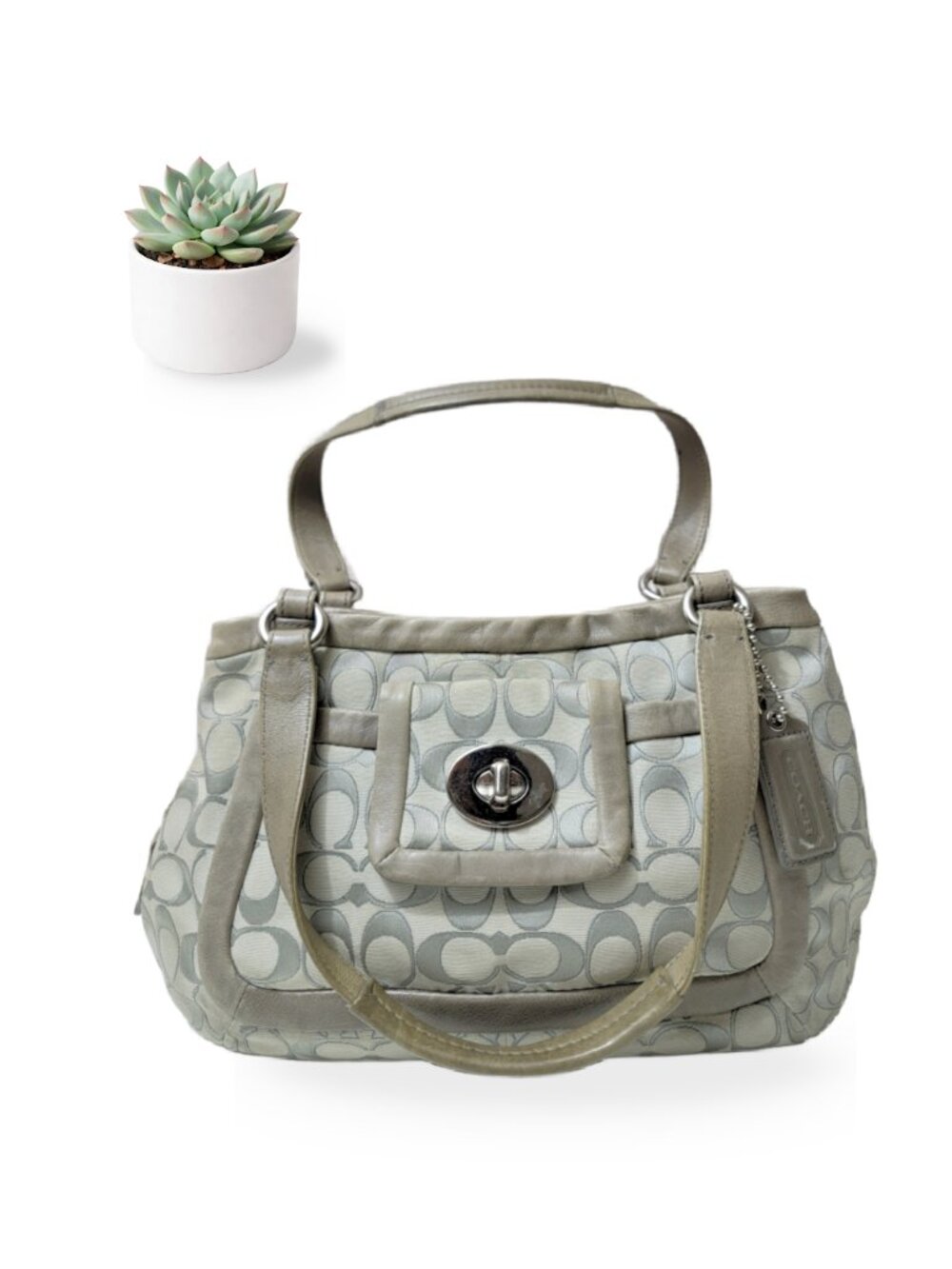 Coach Signature Jacquard Satchel Taupe Cream Gray Leather Trim Shoulder Bag